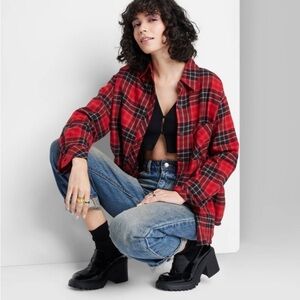 Women's Long Sleeve Hi-Low Oversized Flannel Shirt - Wild Fable Red Plaid